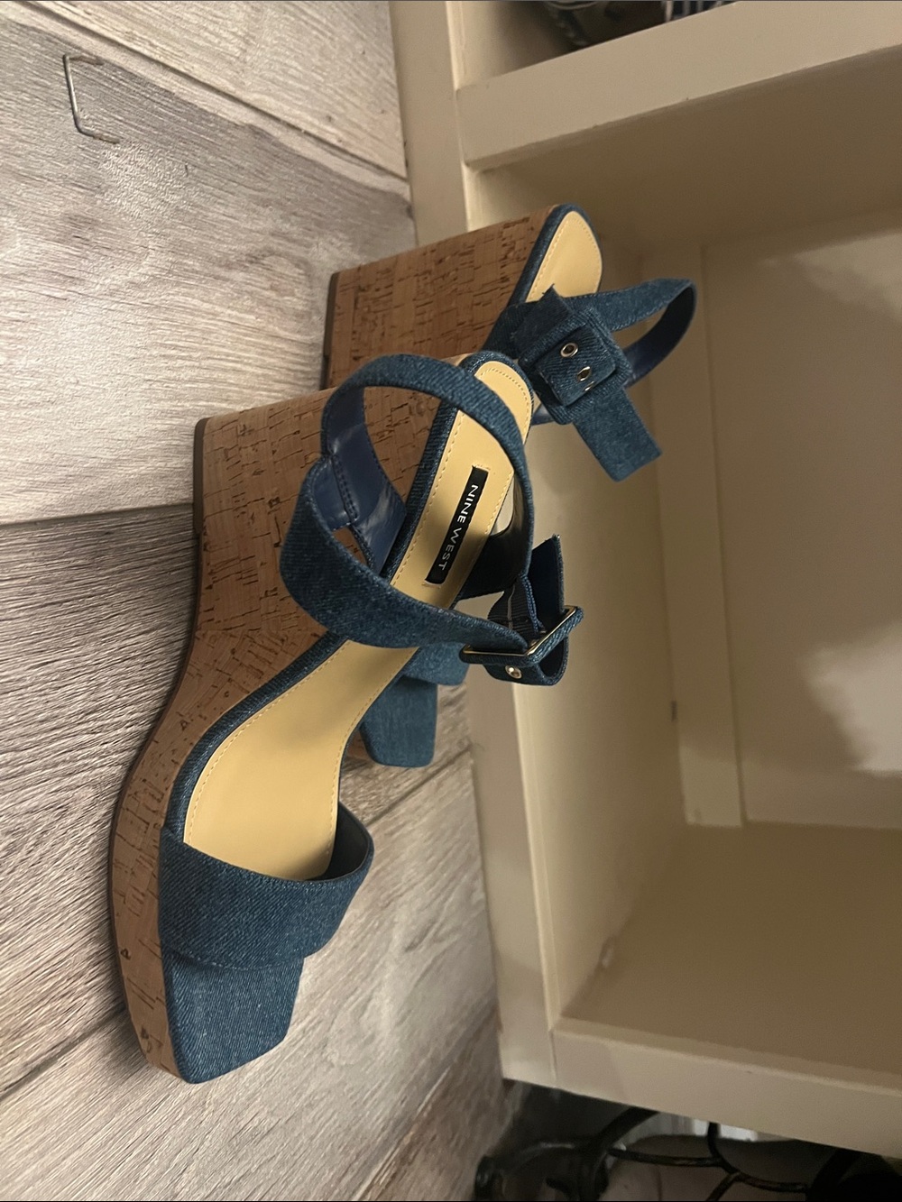 Nine West Teal Denim Cork Wedge Sandals